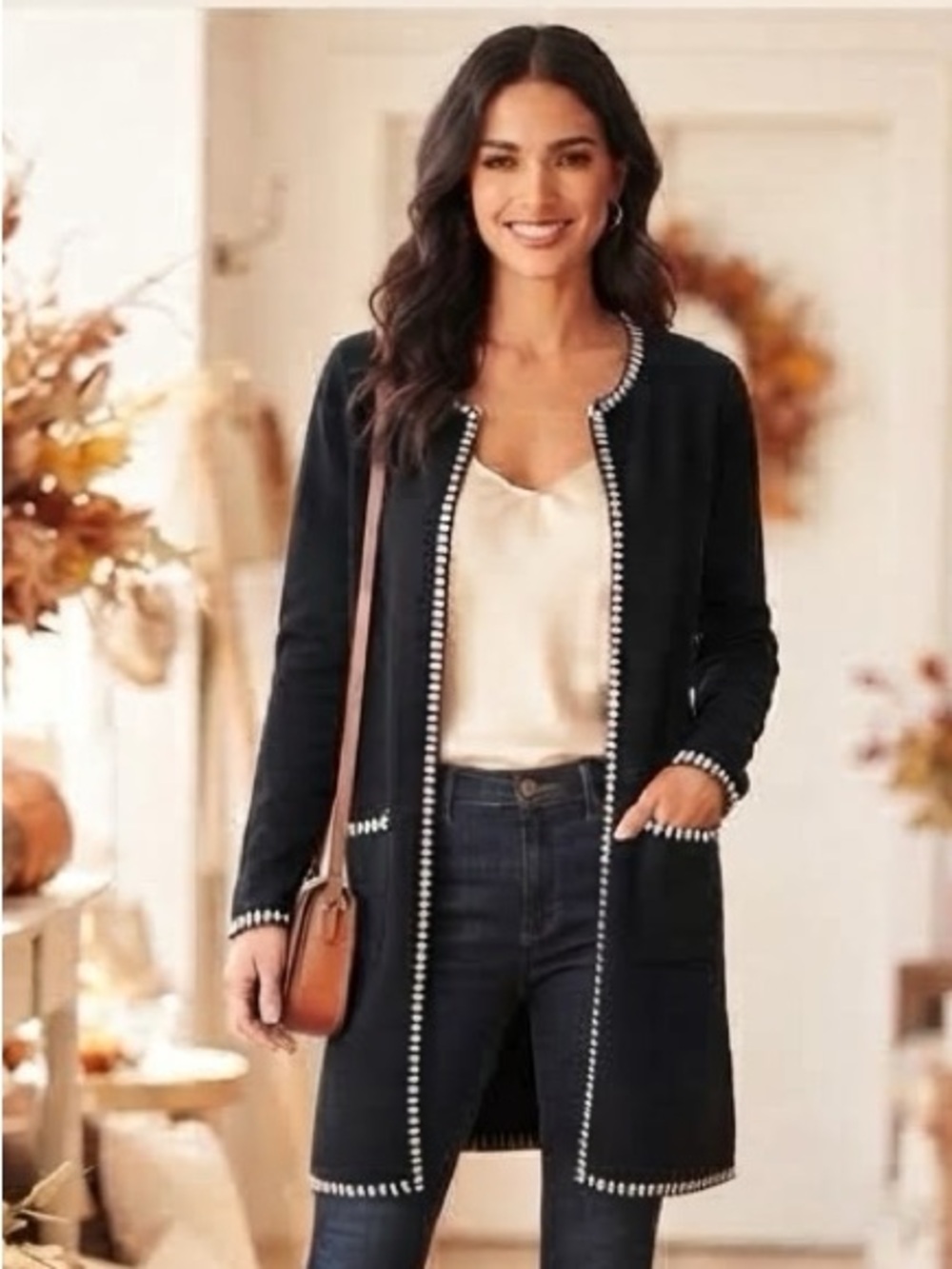 Magaschoni Black Open-Front Long Cardigan  White +Black Trim -Oversized Fit